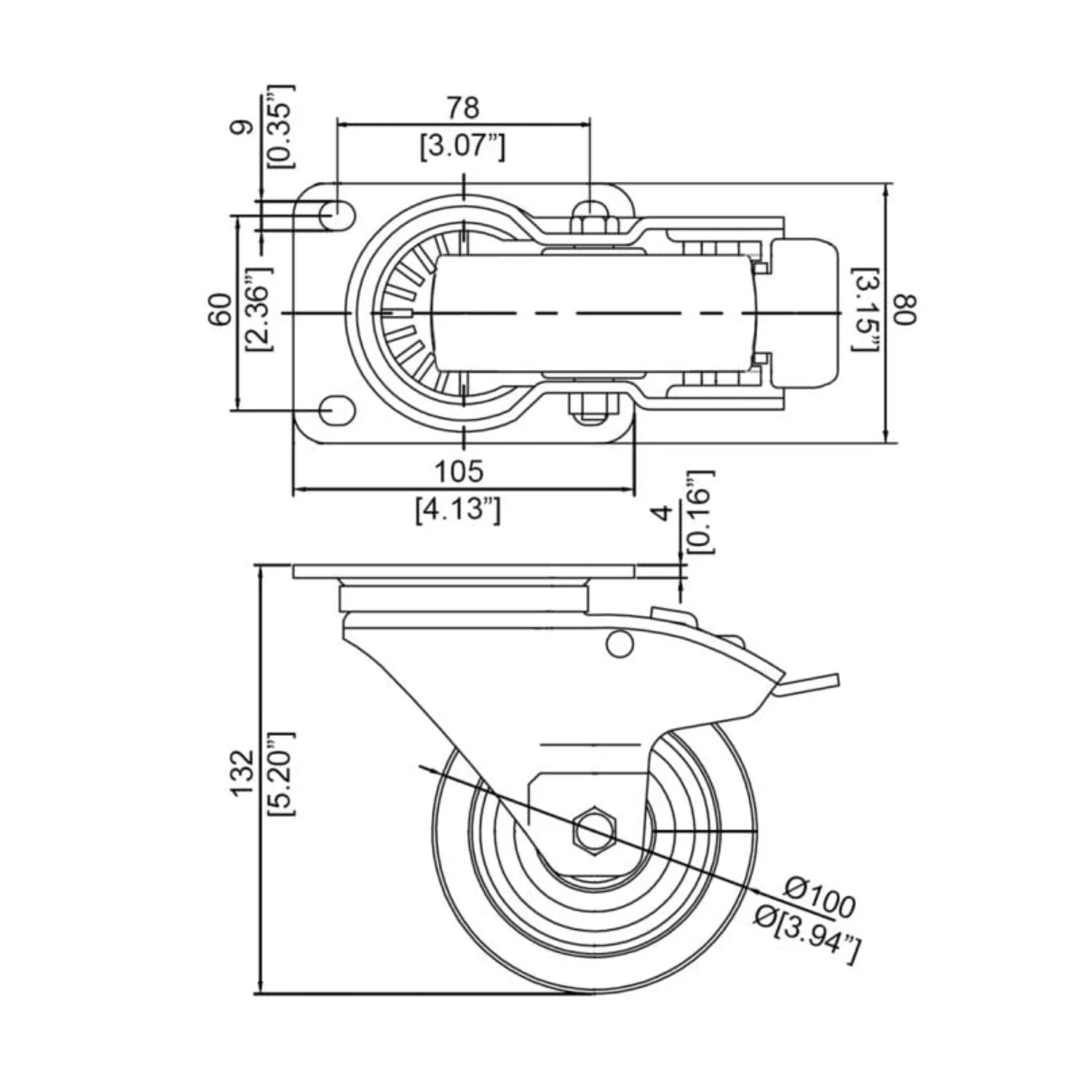 W9008-V6 100mm / 4" Locking Castor